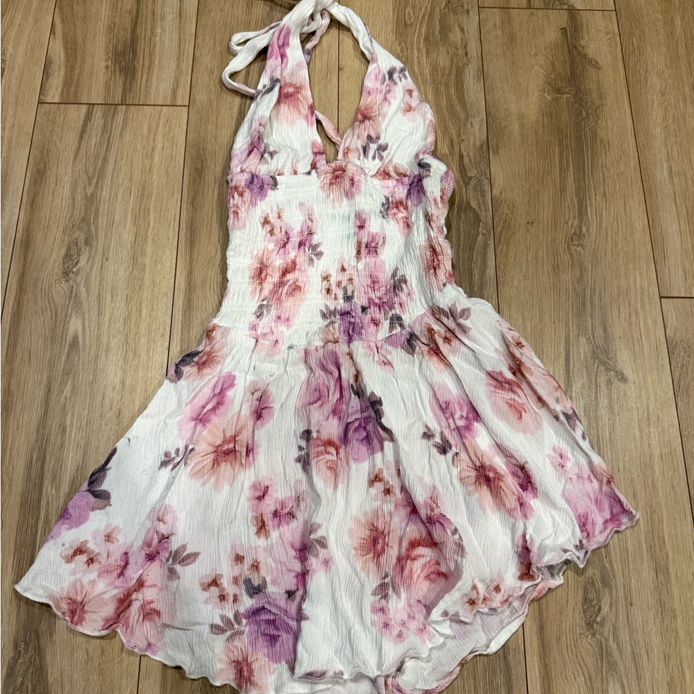 Garage Floral Halter Mini Dress - White and Pink